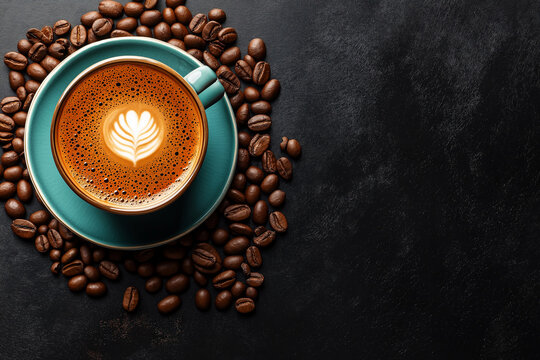 A freshly brewed coffee cup surrounded by coffee beans on a dark surface, symbolizing global coffee culture. Copy space, latte art.