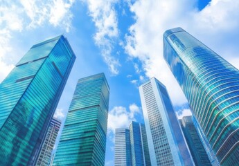 Fototapeta premium Modern Urban Skyline with Glass Office Buildings Against a Bright Blue Sky and Fluffy Clouds in a Metropolis Landscape