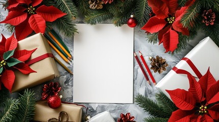 Festive New Year Christmas Holiday Crafting Scene Mock up with Blank Canvas, colored pencils, poinsettias, evergreen fir-tree branches on gray wooden background