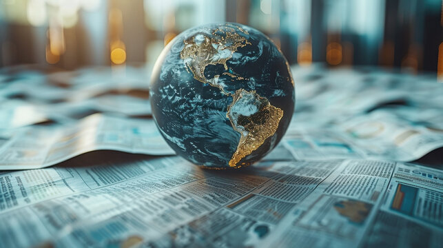 A stunning image of a glowing globe representing Earth, set on a backdrop of newspapers, symbolizing the interplay between global awareness and media coverage