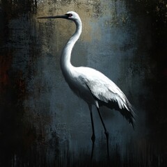 Obraz premium Elegant white crane, dark textured background.