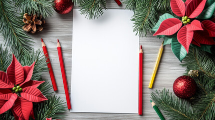 Festive New Year Christmas Holiday Crafting Scene Mock up with Blank Canvas, colored pencils, poinsettias, evergreen fir-tree branches on gray wooden background