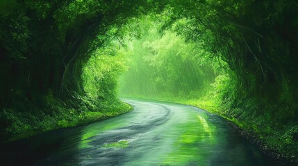 Obraz premium Winding empty asphalt road glistening with rain through a vibrant green forest tunnel, creating a serene and atmospheric natural scene.