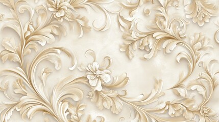 Elegant floral design with intricate gold swirling leaves and delicate white flowers on a soft cream background, showcasing a timeless decorative pattern.