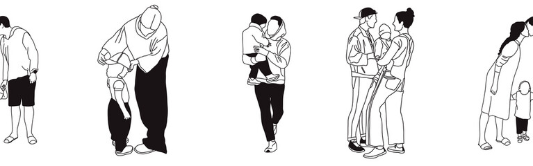 Hand-drawn doodle family border. Outline family clipart. Hand-drawn black art.