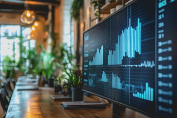 Modern Office with Display of Growth Graph on Screen Highlighting Significant Sales Trends in a Data-Driven Workspace Featuring Lush Greenery