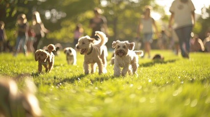 Indistinct image of a dog park with energetic pups and their owners enjoying a sunny day.