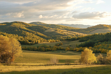 Golden-hour countryside with rolling hills, trees, and fields bathed in warm sunlight. Tranquil rural scene perfect for nature lovers and relaxation.