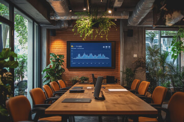 Business Meeting Space Featuring a Growth Graph on a Screen with Plants in a Modern Office Environment
