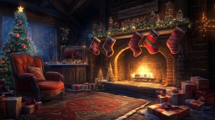 Cozy christmas celebration with a fireplace traditional stockings and gifts indoor festive warm atmosphere