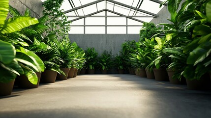 Weather sunlight greenhouse. A serene greenhouse filled with lush potted plants, featuring a bright, airy atmosphere and a clear path leading through the greenery.