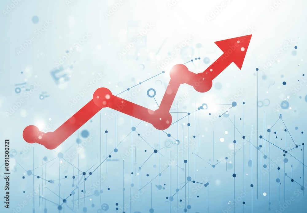 Poster red arrow graph representing growth and success against a soft blue background with abstract data co