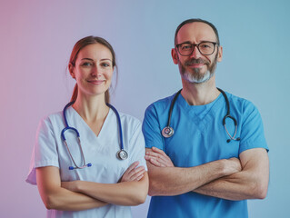 Fototapeta premium Smiling healthcare workers in blue medical attire