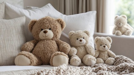 Assortment of plush teddy bears in varying sizes on a cozy textile background, showcasing soft textures and gentle colors ideal for a comforting atmosphere.