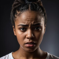 Fototapeta premium Portrait of a Black teenage girl looking sad and emotional, lit dramatically.