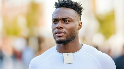 Fototapeta premium biometric sensor patch concept, A focused young man in a white sweater walks confidently, sporting a modern hairstyle and a phone attached to his chest, amidst a blurred urban backdrop.
