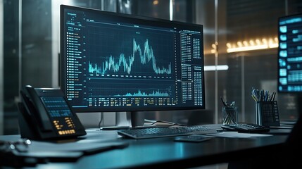 Fototapeta premium High-Tech Stock Market Analysis Workspace Featuring Digital Graphs and Financial Data on a Modern Monitor Setup for Business Professionals
