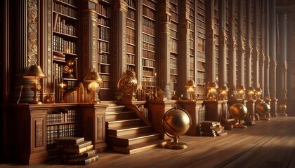 A timeless theme inspired by grand libraries. Rows of antique wooden bookshelves filled with leather-bound books, golden reading lamps, and vintage globes. Subtle textures of aged.