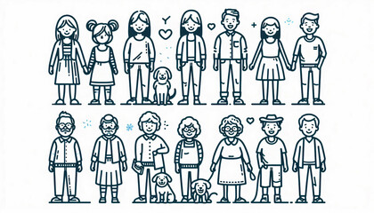 A diverse lineup of simple line art figures, including families, children, and pets, represents inclusivity and community in minimalist design