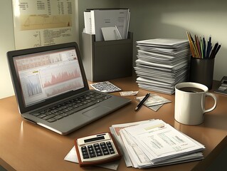 Obraz premium A workspace with a laptop, documents, a calculator, and a coffee mug, indicating productivity.