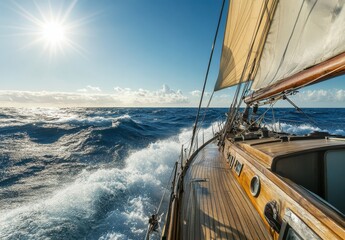 Sailing on Open Water: A Vintage Sailboat Navigating Through Waves Under Bright Sunlight with Clear Blue Sky in the Background