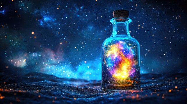 Glowing glass bottle filled with a vibrant galaxy elixir against a dark, starry night sky, evoking a sense of magical mystery and fantasy allure