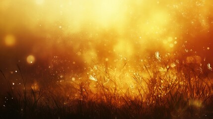 Fototapeta premium Soft golden bokeh lights create a dreamy atmosphere over a sunlit natural grass field, with delicate grass blades shimmering in warm hues, blending harmoniously with the tranquil background.