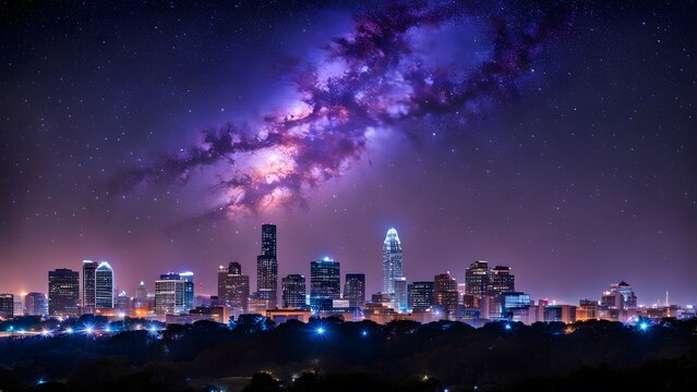 Austin skyline in silhouette with a milky way galaxy glowing in vibrant purples and blues, Ai Generated