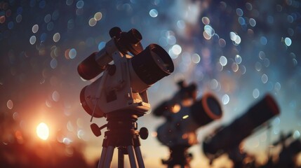 Defocused telescopes stand tall against the starry sky at the outdoor gathering.