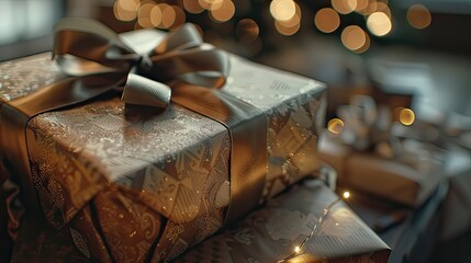 A beautifully wrapped Christmas gift with a shiny ribbon and a gift tag.