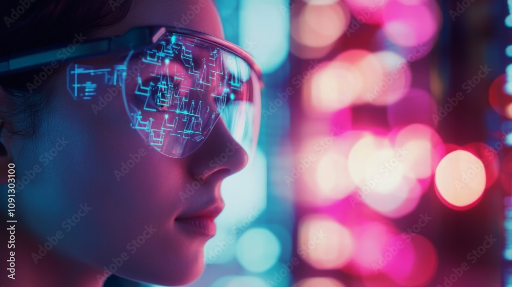 Aufkleber a close-up profile view of a woman wearing transparent glasses with circuit board-like data projecte