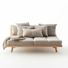 Fototapeta premium Beige couch, wooden frame, many pillows, blanket.