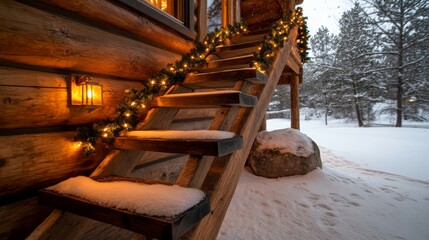 Glowing christmas lights adorn a wooden staircase, festive holiday decor creates cozy ambiance for magical celebration