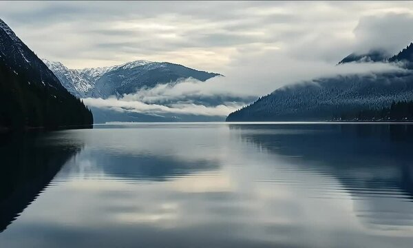 
Scenic Winter Landscape of the Pacific West Coast, Howe Sound, British Columbia, with Fog and Cloudy Skies Between Vancouver and Squamish.