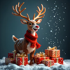 Joyful holiday reindeer surrounded by christmas gifts in a snowy wonderland, 3d rendering of character art concept.