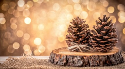 Two pine cones on a rustic tree stump, closeup of nature's beauty in the woods