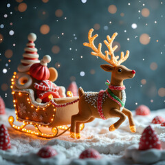 Fototapeta premium Whimsical holiday scene with a sparkling reindeer and gingerbread sleigh in a snowy landscape, photorealistic of still life concept.