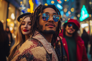 Portrait of a group of Millenial friends shopping in the mall at Christmas market, mall at night. Bokeh lights. New Year celebration