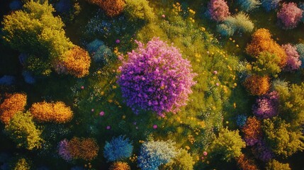 Obraz premium Aerial view of vibrant summer fields featuring a stunning purple tree surrounded by colorful blooming plants and lush greenery.