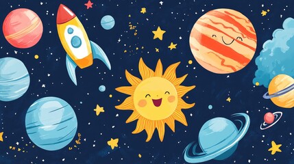 Naklejka premium Vibrant child's artwork illustrating a whimsical cosmic scene with smiling planets, a cheerful sun, a rocket, and twinkling stars against a dark background.