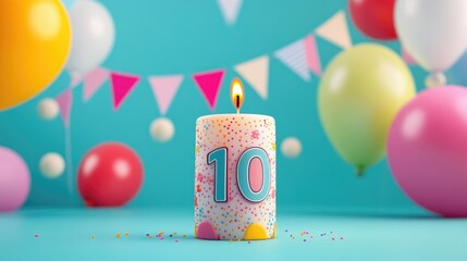 Bright birthday candle shaped as the number 10, adorned with colorful sprinkles, surrounded by festive balloons and vibrant bunting on a blue background.