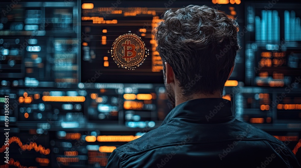 Poster crypto trader monitoring bitcoin price fluctuations on multiple screens
