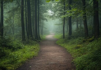 Obraz premium Serene Forest Pathway Enveloped in Misty Fog, Inviting Journey Through Lush Greenery and Tranquil Natural Surroundings for Peaceful Reflection