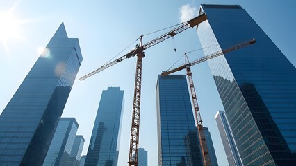 Fototapeta premium The interaction of construction and skyline reflections in urban development is captivating