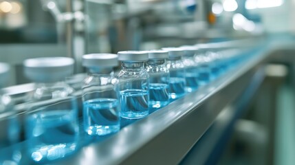 Fototapeta premium Medical vials on production line at pharmaceutical factory, Pharmaceutical machine working pharmaceutical glass bottles production line, health care, pandemic