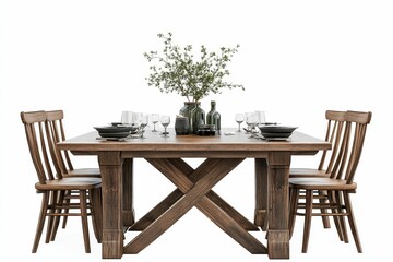 Rustic wooden table, four chairs, place settings, greenery.