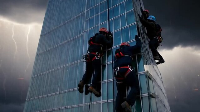 Operatori in cima al grattecielo mentre lavorando in corda