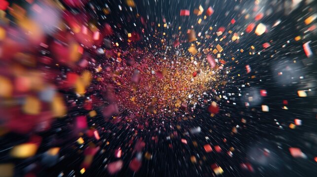 Dynamic explosion of colorful floating particles symbolizing breakthroughs in modern technology and digital innovation.