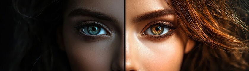 Obraz premium A striking split-image of two faces showcasing contrasting features and eye colors, highlighting diversity and beauty in human expression.