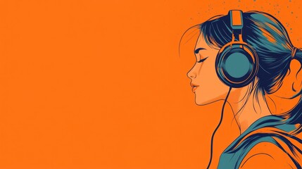 Girl with headphones enjoying a podcast against a vibrant orange background, featuring text area for customizable content.